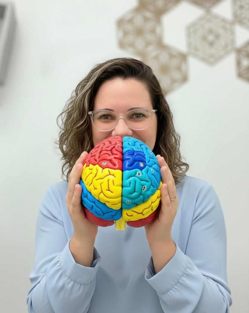 Tatiane Oliveira, Psicopedagoga em São Paulo — segurando modelo de cérebro colorido